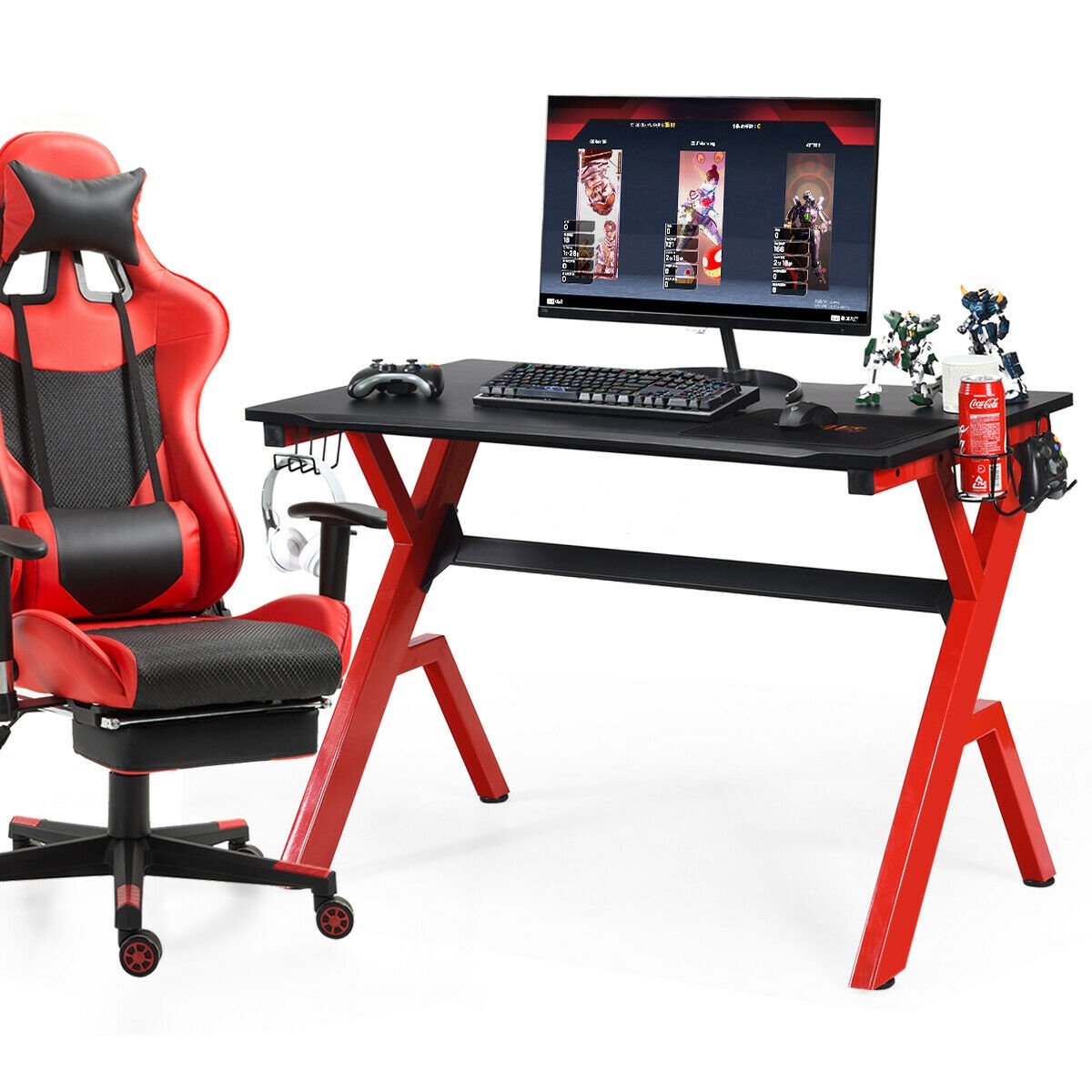 Ergonomic Gaming Desk with Carbon Fiber Surface and R-Shape Steel Frame, Black & Red Gaming Desks   at Gallery Canada