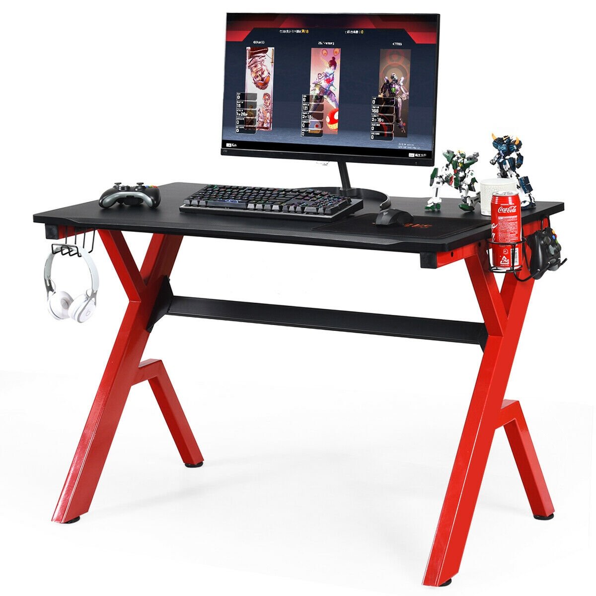 Ergonomic Gaming Desk with Carbon Fiber Surface and R-Shape Steel Frame, Black & Red Gaming Desks   at Gallery Canada