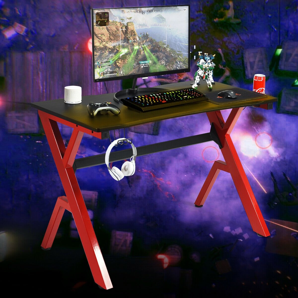 Ergonomic Gaming Desk with Carbon Fiber Surface and R-Shape Steel Frame, Black & Red Gaming Desks   at Gallery Canada