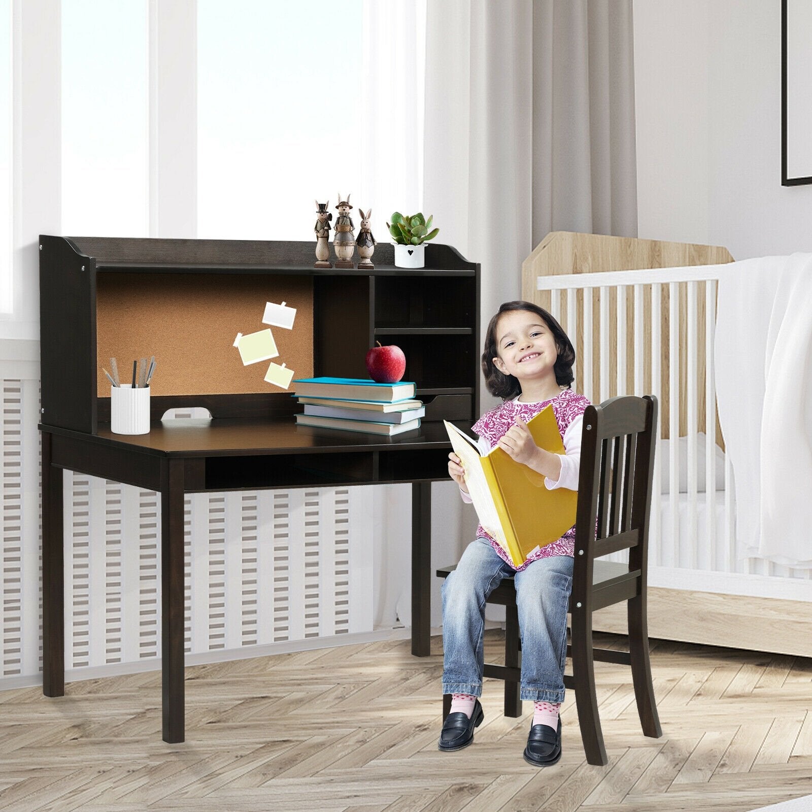 Kids Desk and Chair Set Study Writing Desk with Hutch and Bookshelves, Brown - Gallery Canada