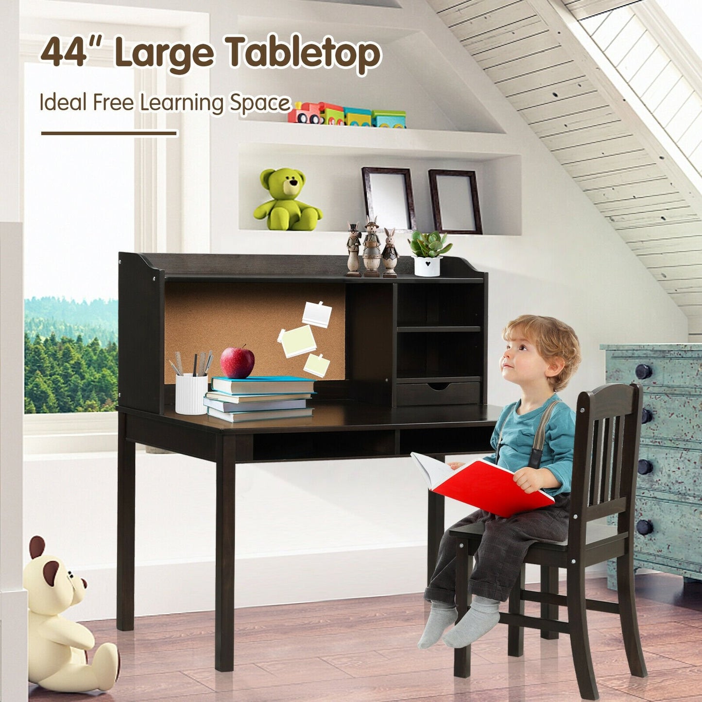 Kids Desk and Chair Set Study Writing Desk with Hutch and Bookshelves, Brown - Gallery Canada