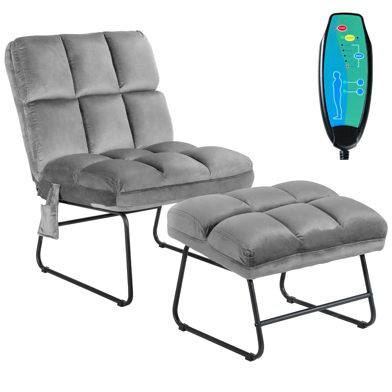 Massage Chair Velvet Accent Sofa Chair with Ottoman and Remote Control - Gray, Gray Recliners   at Gallery Canada