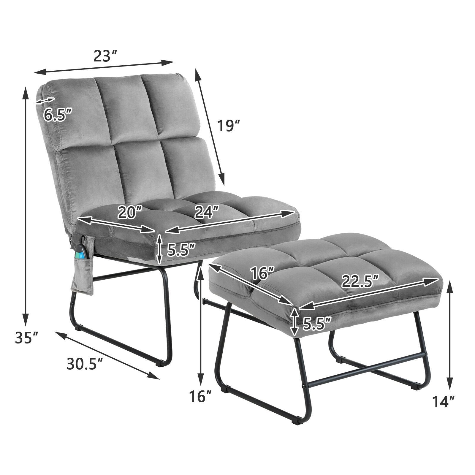 Massage Chair Velvet Accent Sofa Chair with Ottoman and Remote Control - Gray, Gray Recliners   at Gallery Canada