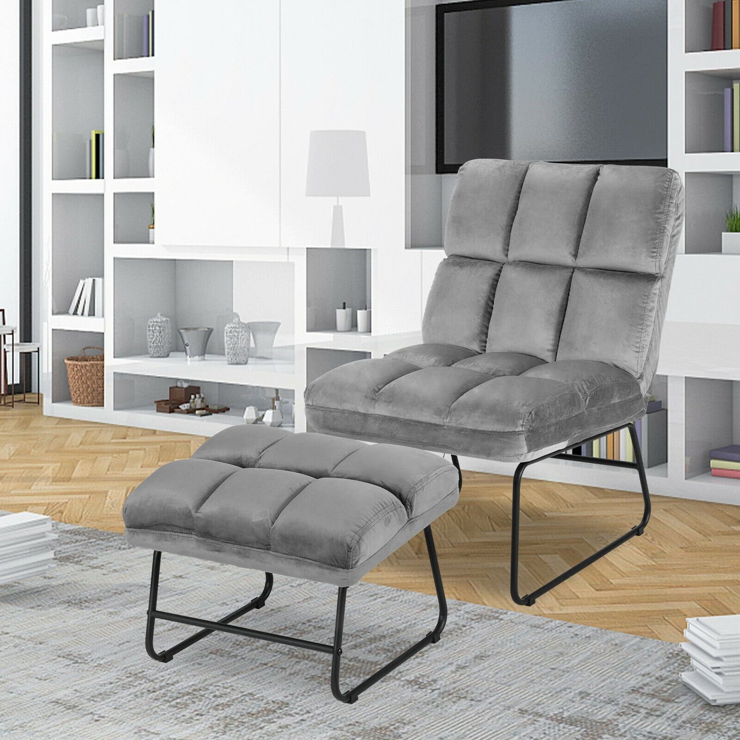 Massage Chair Velvet Accent Sofa Chair with Ottoman and Remote Control - Gray, Gray Recliners   at Gallery Canada