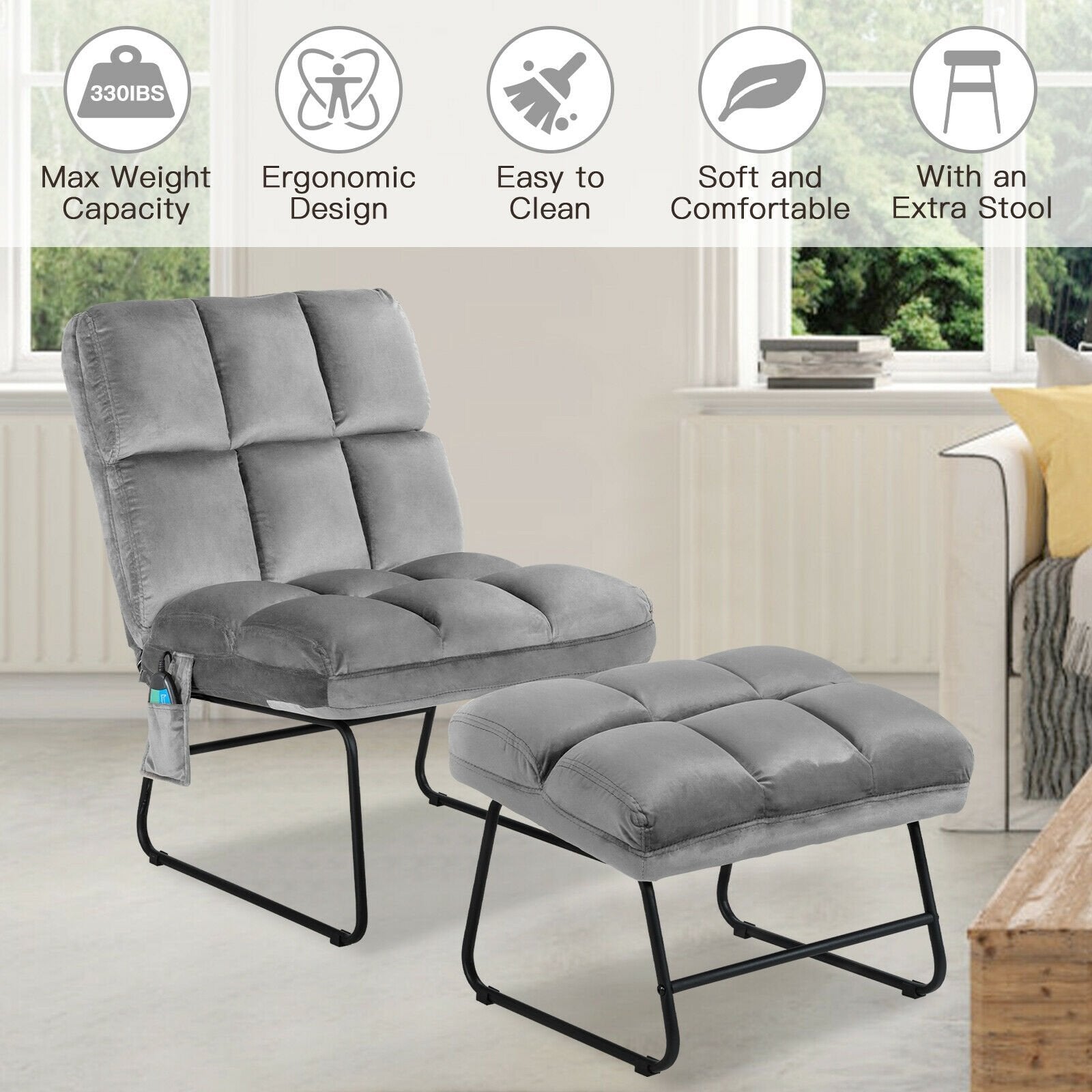 Massage Chair Velvet Accent Sofa Chair with Ottoman and Remote Control - Gray, Gray Recliners   at Gallery Canada