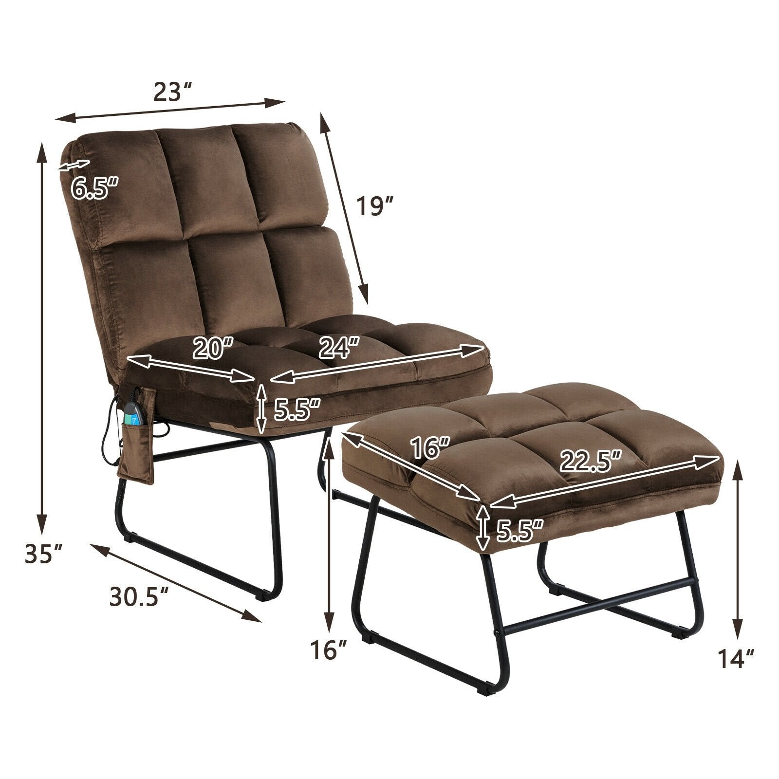 Massage Chair Velvet Accent Sofa Chair with Ottoman and Remote Control, Brown Recliners   at Gallery Canada