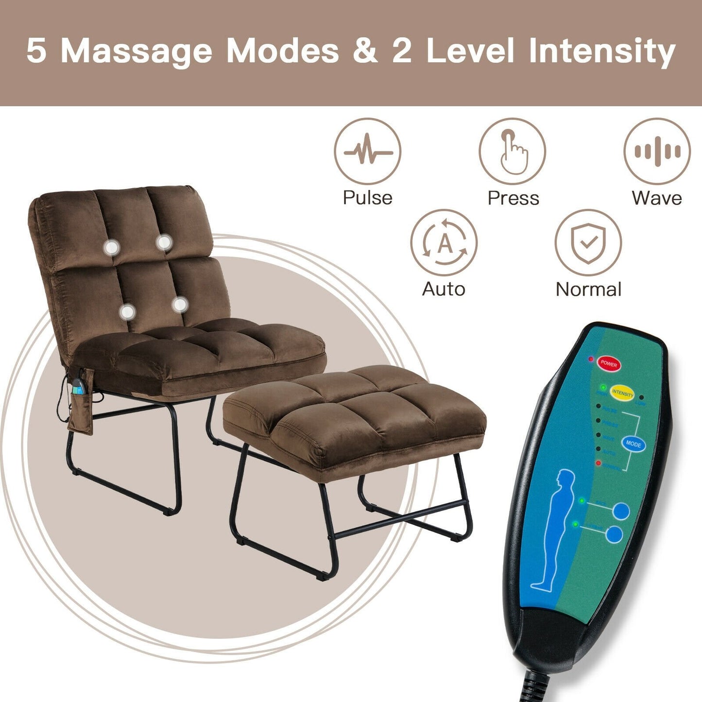 Massage Chair Velvet Accent Sofa Chair with Ottoman and Remote Control, Brown Recliners   at Gallery Canada