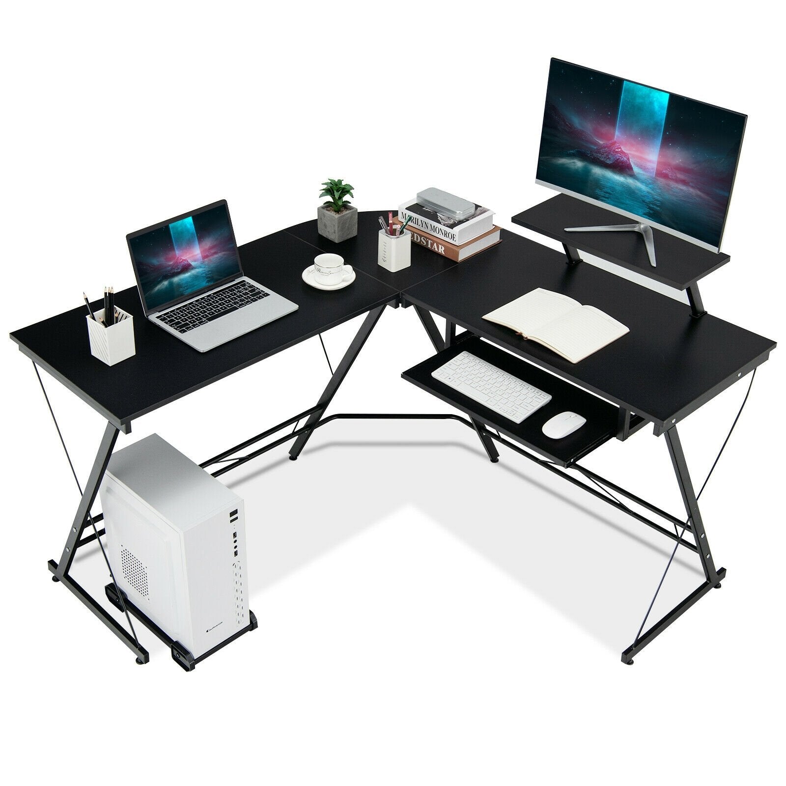 L Shaped Computer Desk Home Office Workstation with Movable Monitor Stand, Black L-Shaped Desks   at Gallery Canada