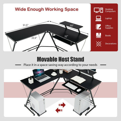 L Shaped Computer Desk Home Office Workstation with Movable Monitor Stand, Black L-Shaped Desks   at Gallery Canada