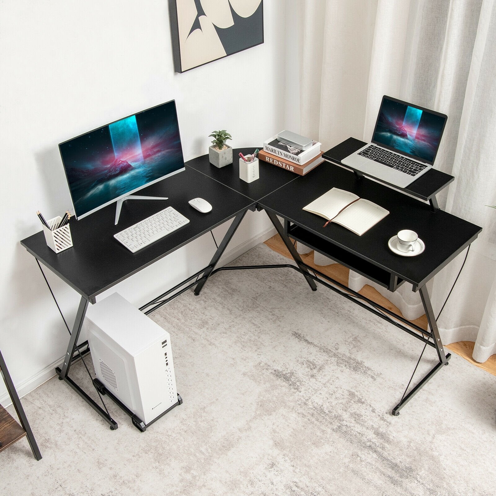 L Shaped Computer Desk Home Office Workstation with Movable Monitor Stand, Black L-Shaped Desks   at Gallery Canada