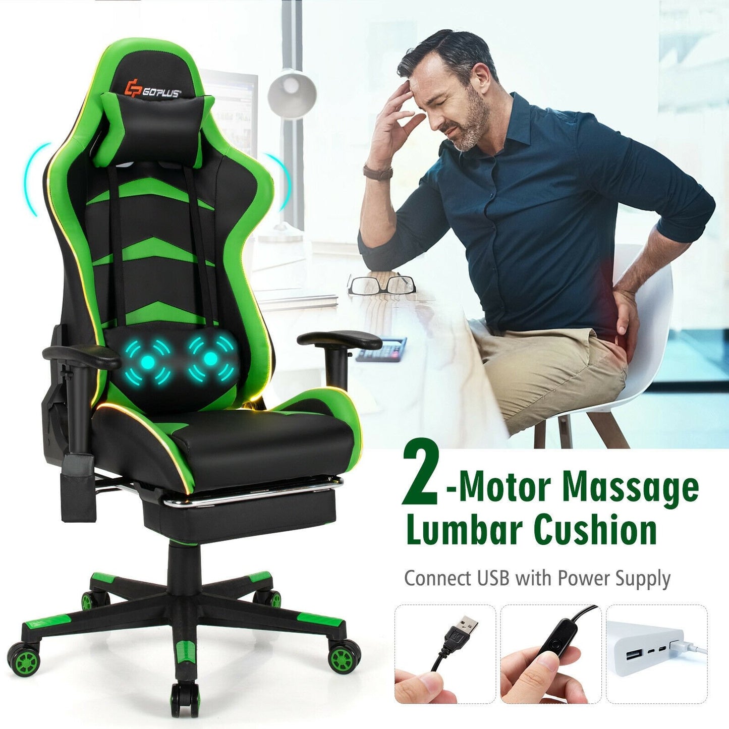 Massage LED Gaming Chair with Lumbar Support and Footrest, Green - Gallery Canada