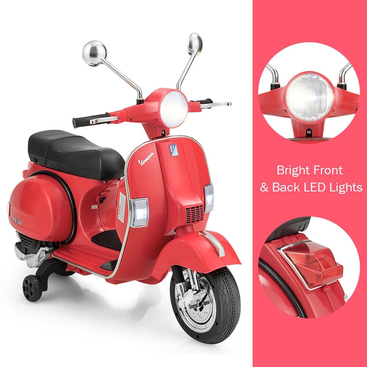 6V Kids Ride on Vespa Scooter Motorcycle with Headlight, Red - Gallery Canada