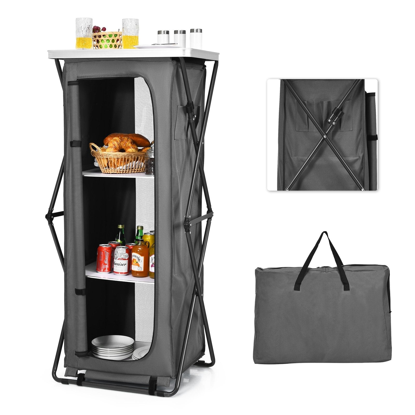 Folding Pop-Up Cupboard Compact Camping Storage Cabinet with Bag-XL, Gray Camping Furniture   at Gallery Canada