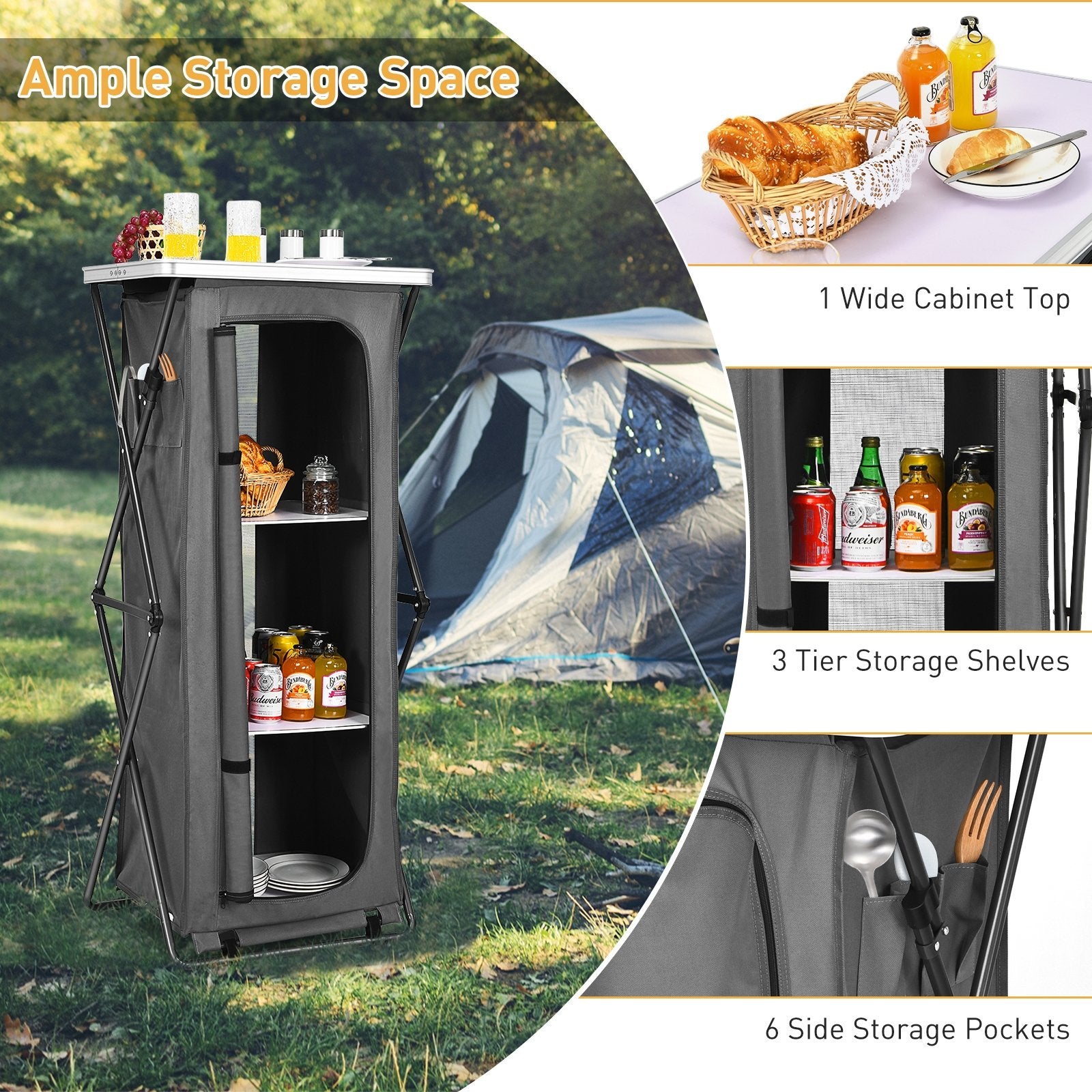 Folding Pop-Up Cupboard Compact Camping Storage Cabinet with Bag-XL, Gray Camping Furniture   at Gallery Canada