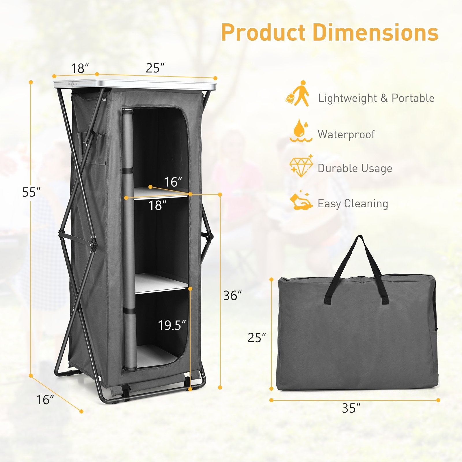 Folding Pop-Up Cupboard Compact Camping Storage Cabinet with Bag-XL, Gray Camping Furniture   at Gallery Canada