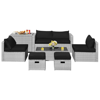 8 Pieces Patio Rattan Furniture Set with Storage Waterproof Cover and Cushion, Black Outdoor Sectionals Black  at Gallery Canada