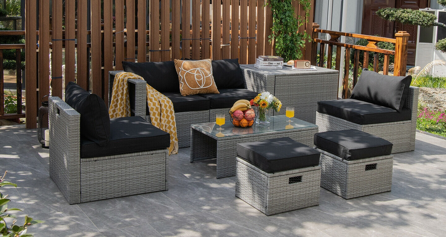 8 Pieces Patio Rattan Furniture Set with Storage Waterproof Cover and Cushion, Black Outdoor Sectionals   at Gallery Canada