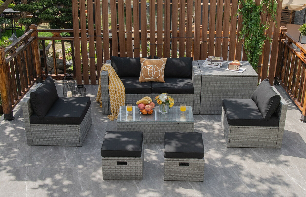 8 Pieces Patio Rattan Furniture Set with Storage Waterproof Cover and Cushion, Black Outdoor Sectionals   at Gallery Canada