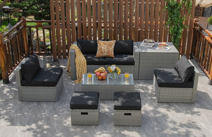 8 Pieces Patio Rattan Furniture Set with Storage Waterproof Cover and Cushion, Black Outdoor Sectionals   at Gallery Canada