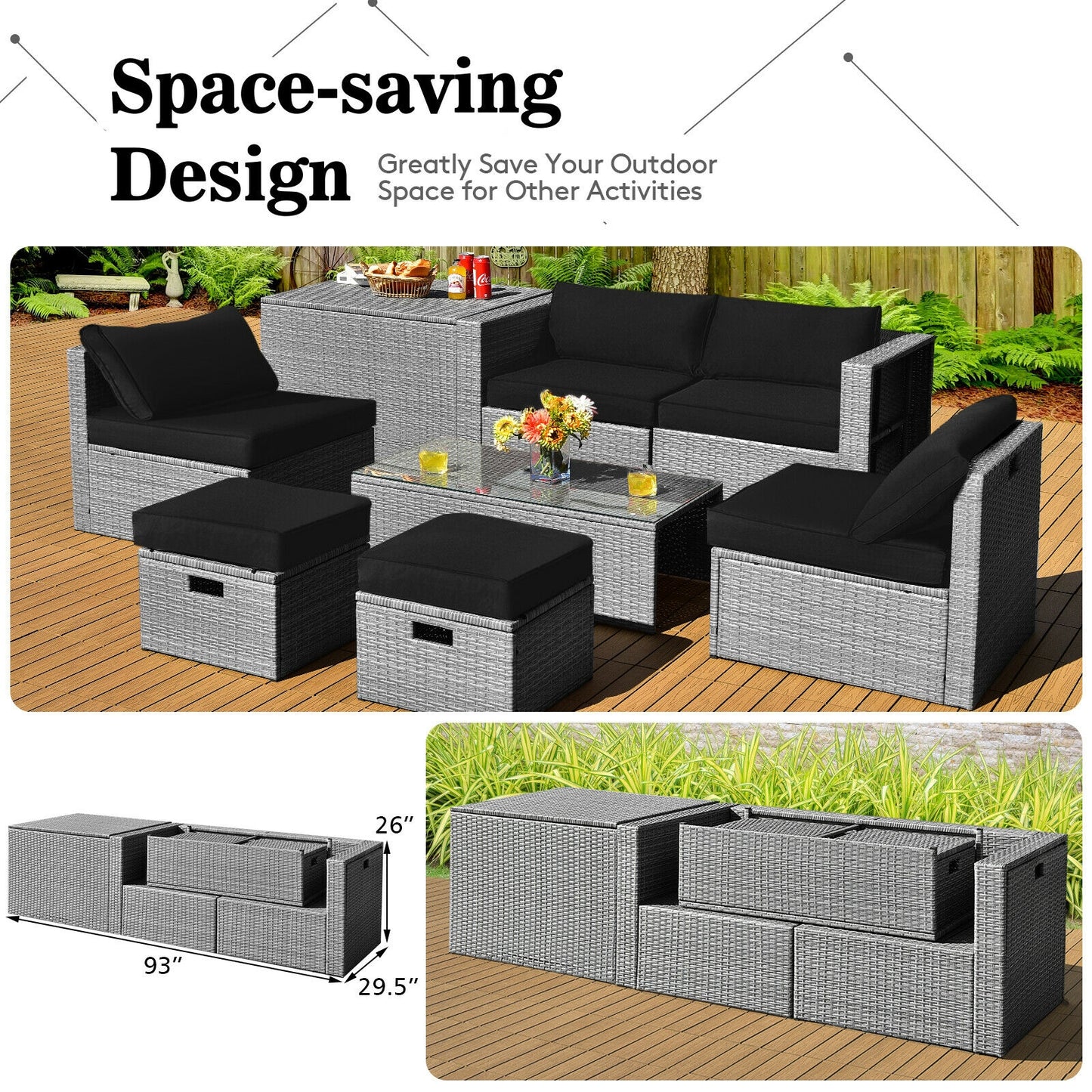 8 Pieces Patio Rattan Furniture Set with Storage Waterproof Cover and Cushion, Black Outdoor Sectionals   at Gallery Canada