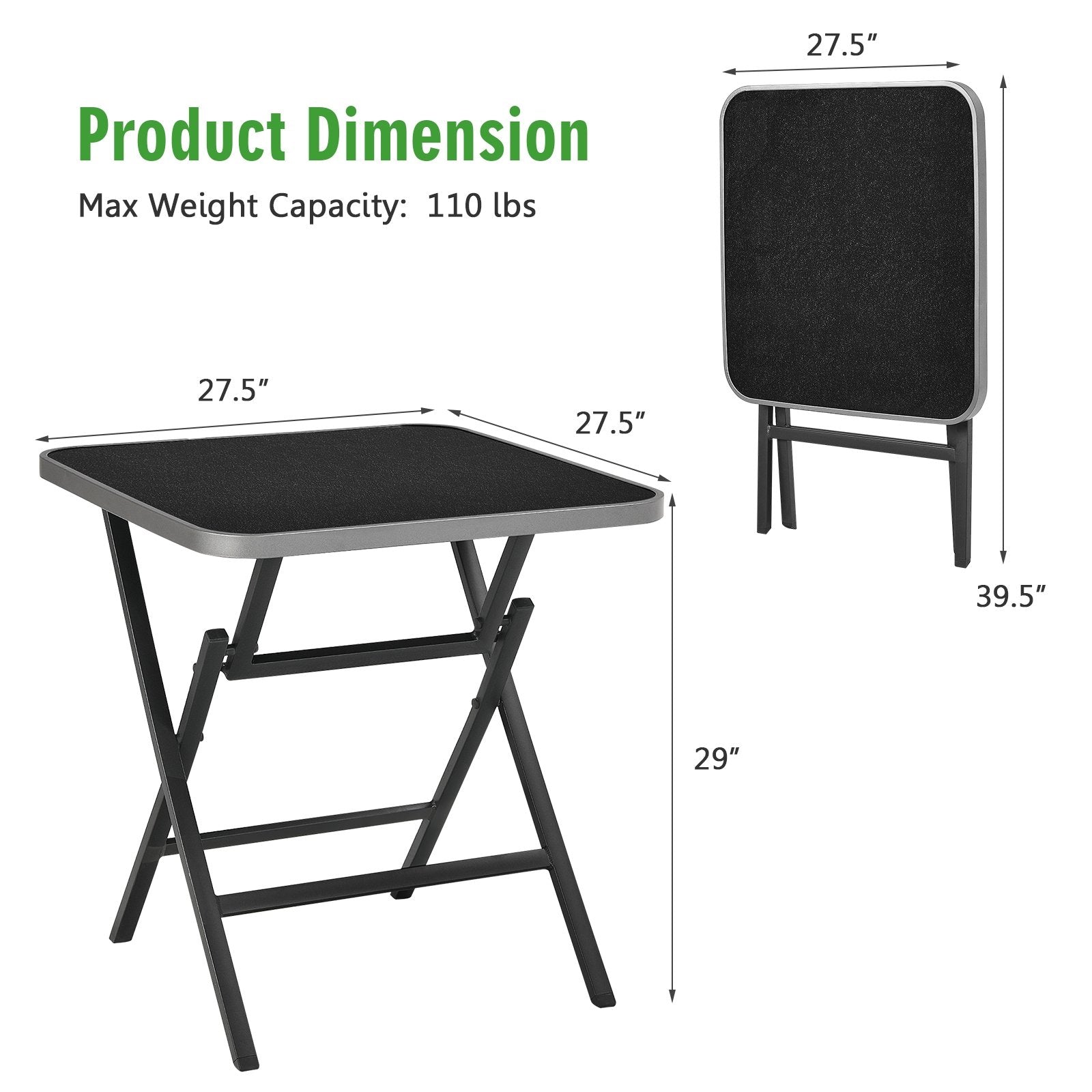 Patio Folding Square Dining Table with Aluminum Frame and Tempered Glass top, Black Patio Dining Tables   at Gallery Canada