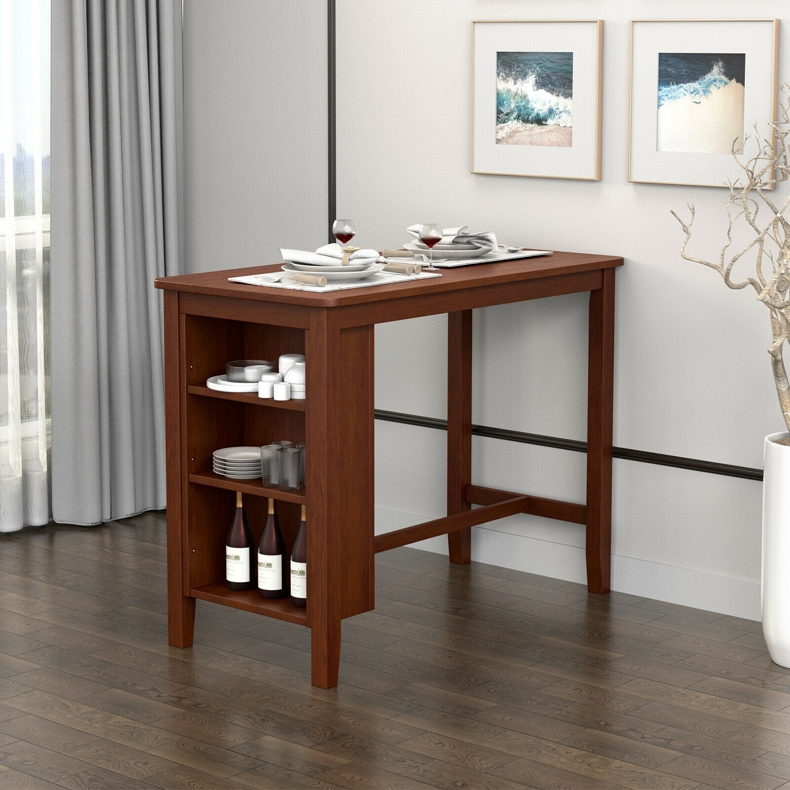 Counter Height Bar Table with 3-Tier Storage Shelves for Home Restaurant, Walnut Dining Tables   at Gallery Canada