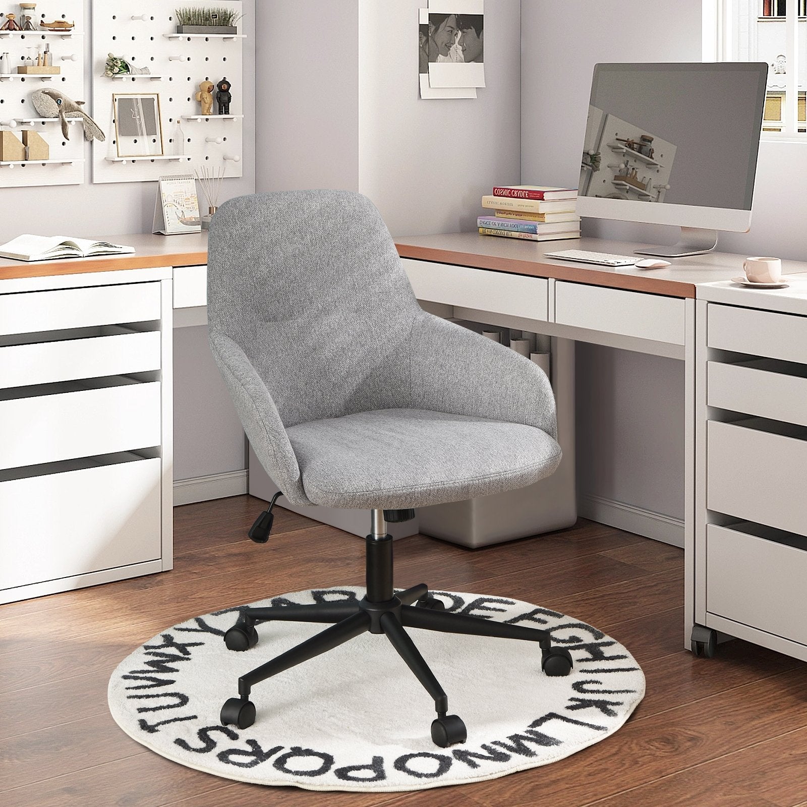 Linen Accent Adjustable Rolling Swivel Home Office Chair with Armrest, Gray Leisure Chairs   at Gallery Canada