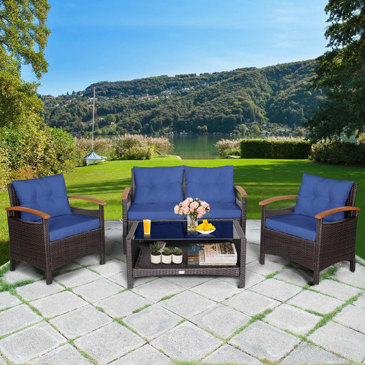 4 Pieces Patio Rattan Furniture Set with Cushioned Sofa and Storage Table, Navy - Gallery Canada