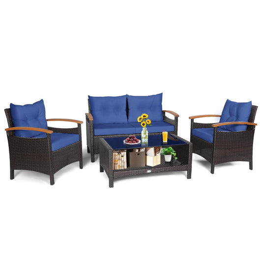 4 Pieces Patio Rattan Furniture Set with Cushioned Sofa and Storage Table, Navy Patio Conversation Sets   at Gallery Canada