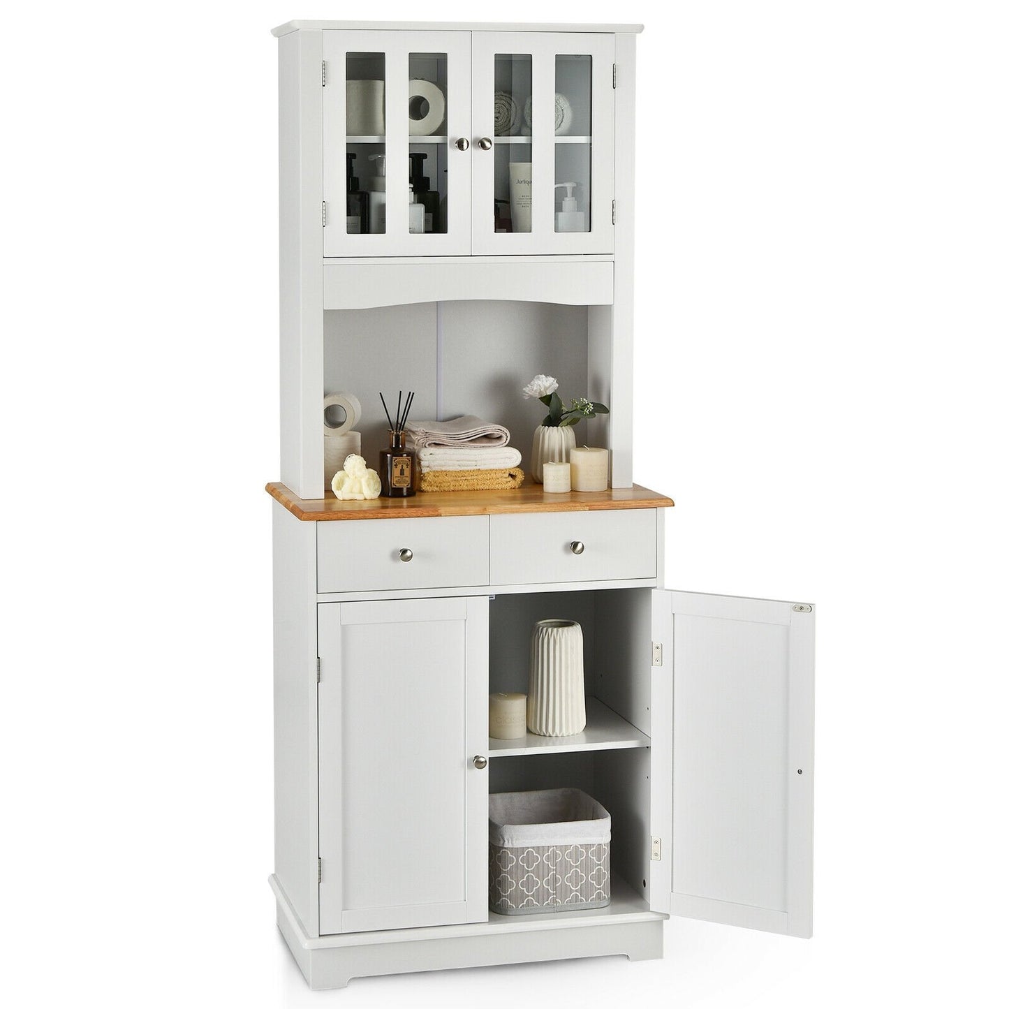 Kitchen Pantry Cabinet with Wood Top and Hutch, White Sideboards Cabinets & Buffets   at Gallery Canada