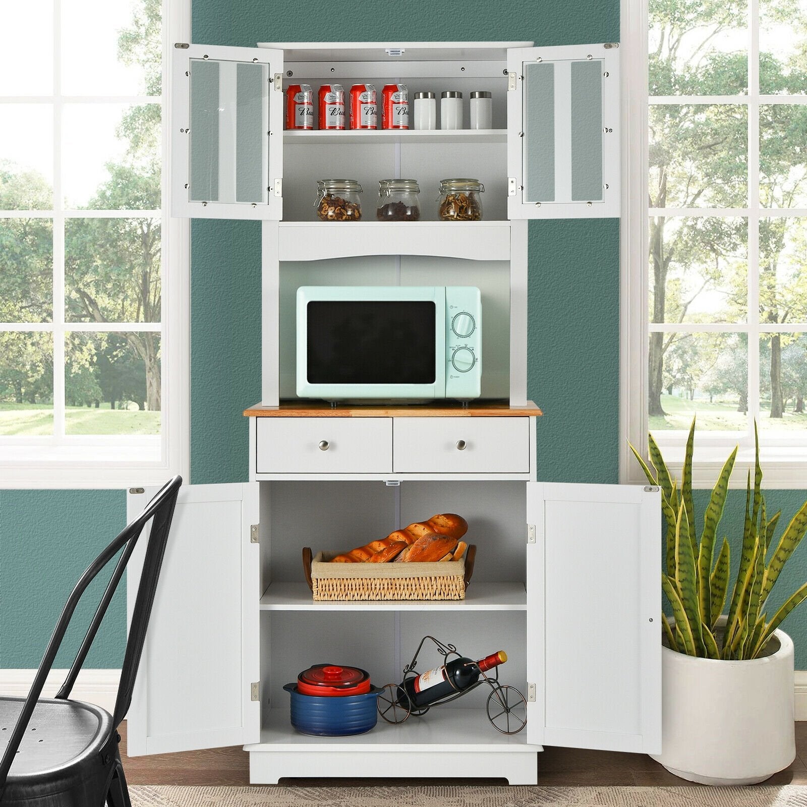 Kitchen Pantry Cabinet with Wood Top and Hutch, White Sideboards Cabinets & Buffets   at Gallery Canada