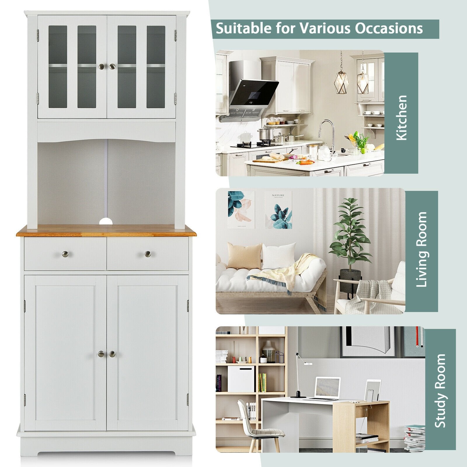 Kitchen Pantry Cabinet with Wood Top and Hutch, White Sideboards Cabinets & Buffets   at Gallery Canada