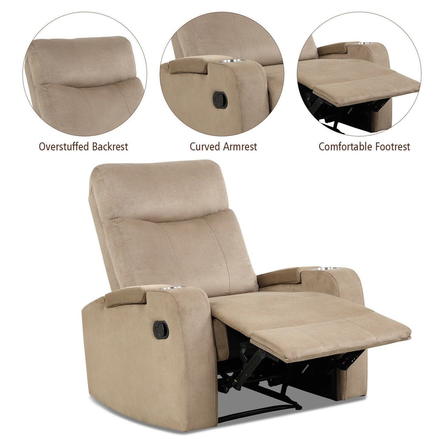 Recliner Chair Single Sofa Lounger with Arm Storage and Cup Holder for Living Room, Light Brown - Gallery Canada