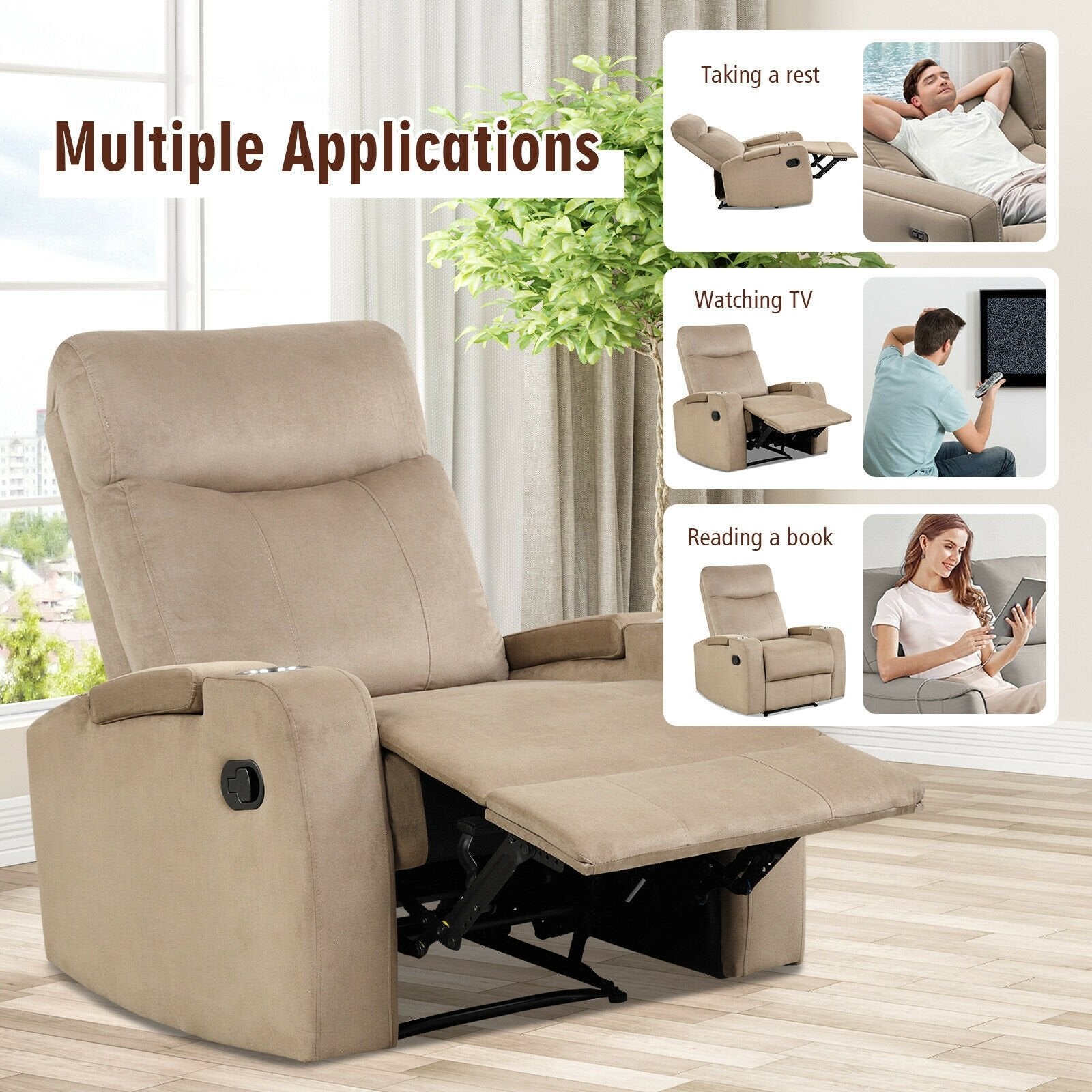 Recliner Chair Single Sofa Lounger with Arm Storage and Cup Holder for Living Room, Light Brown - Gallery Canada