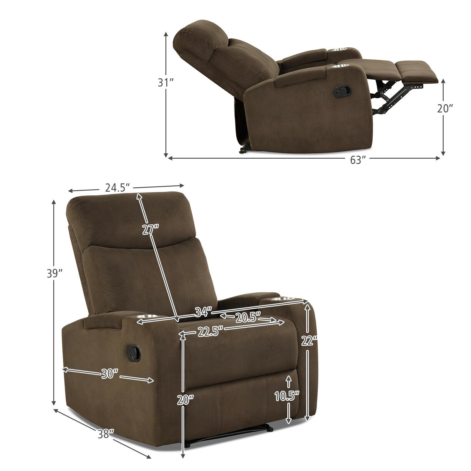 Recliner Chair Single Sofa Lounger with Arm Storage and Cup Holder for Living Room, Brown - Gallery Canada