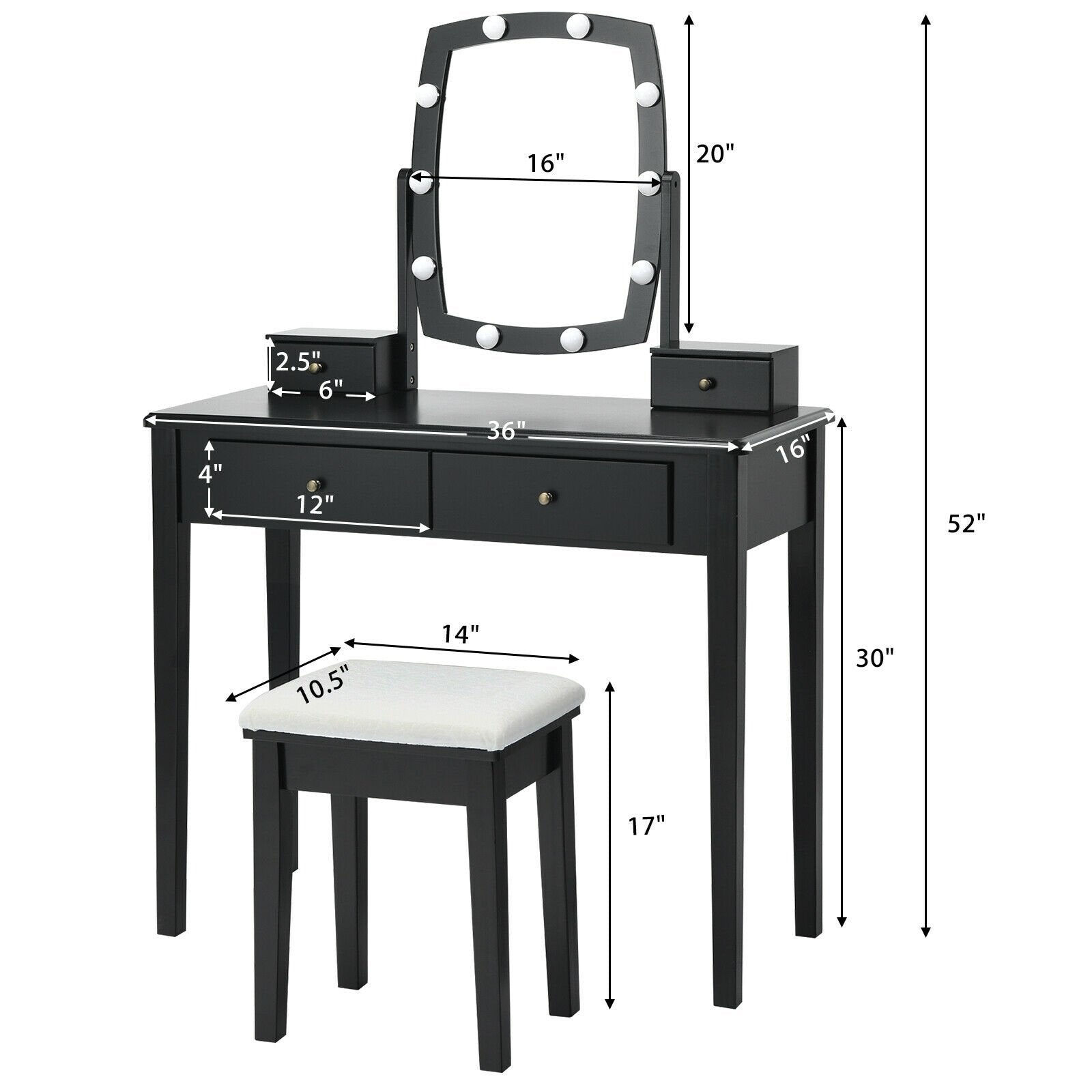 Vanity Table Set with Lighted Mirror for Bedroom and Dressing Room, Black Makeup Vanities   at Gallery Canada