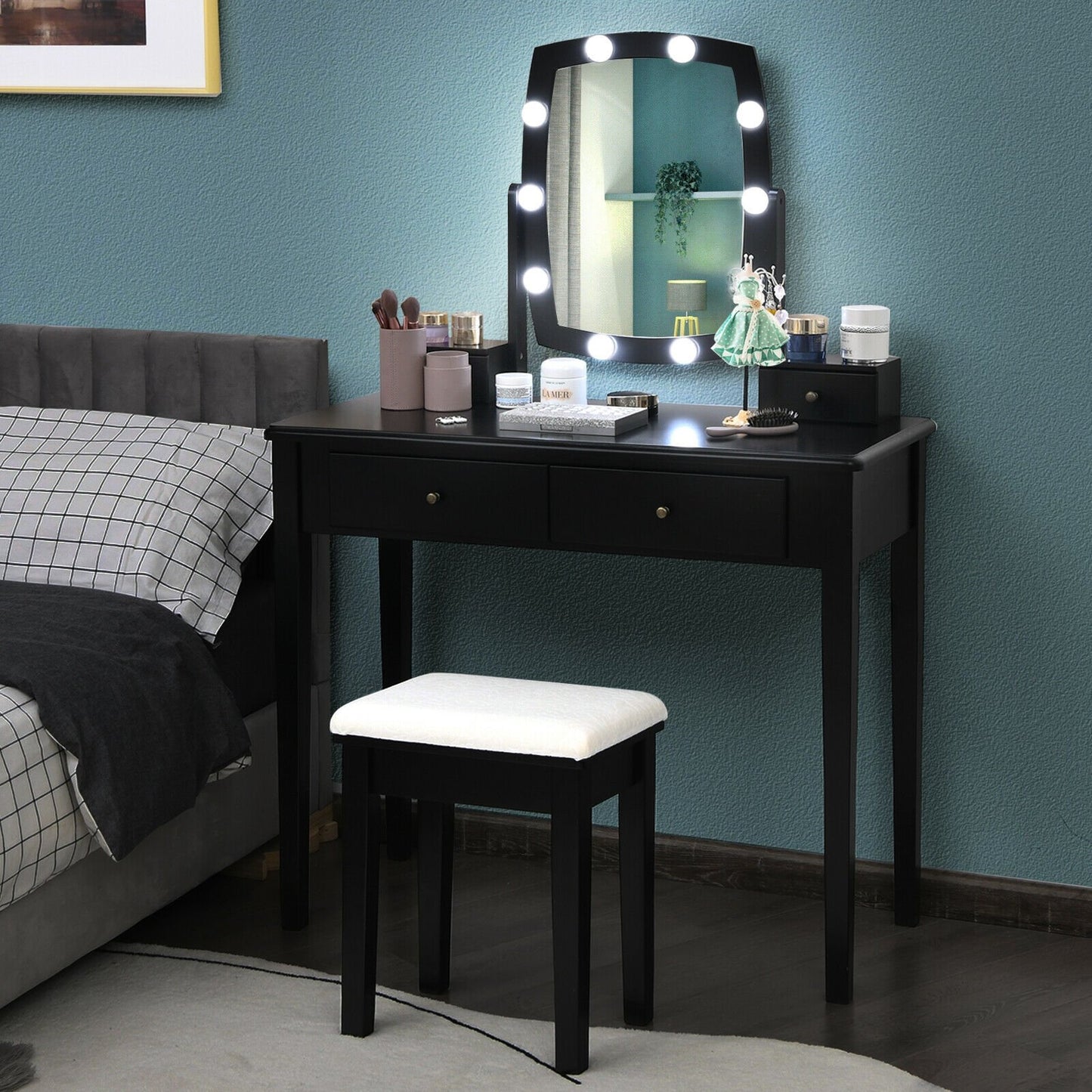 Vanity Table Set with Lighted Mirror for Bedroom and Dressing Room, Black Makeup Vanities   at Gallery Canada