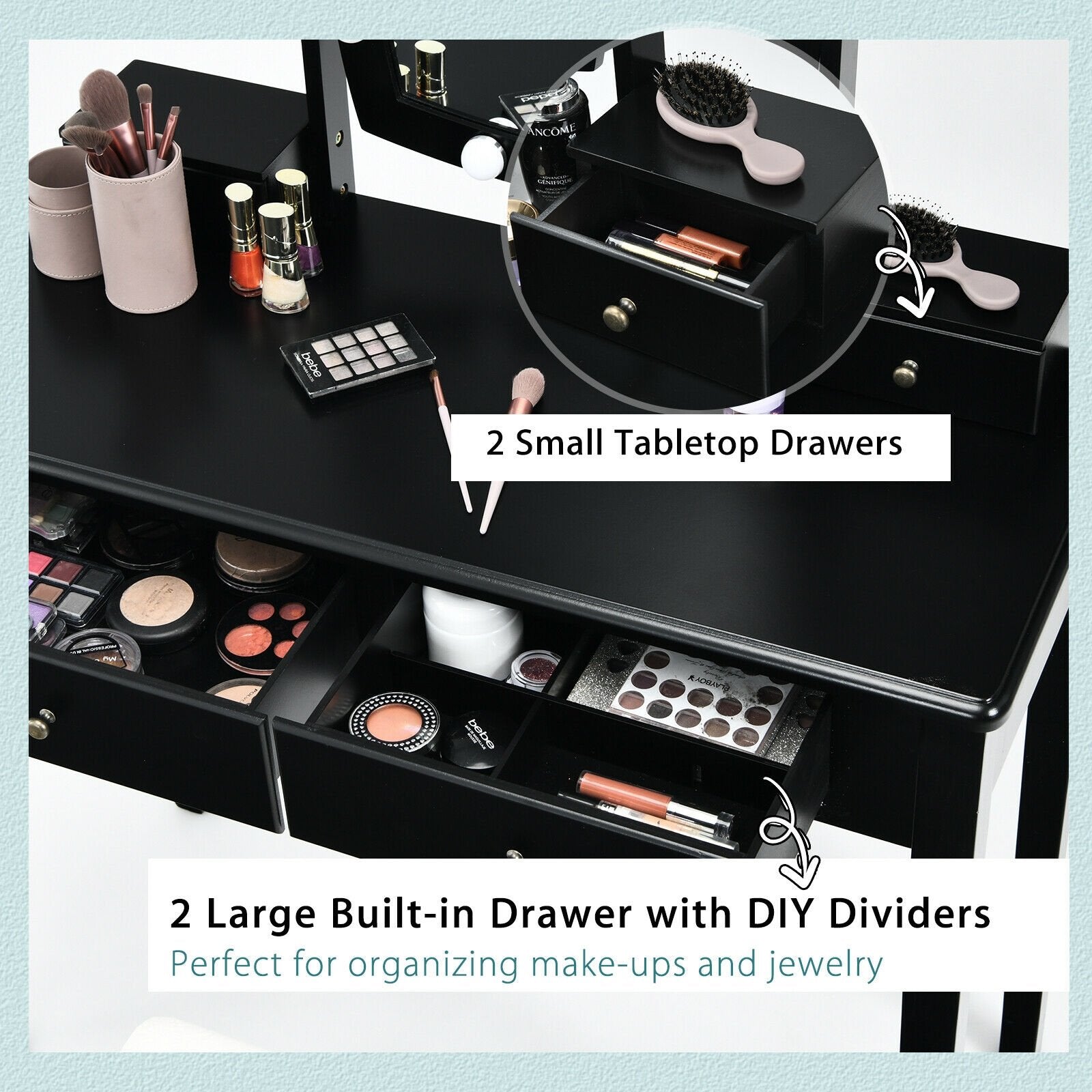 Vanity Table Set with Lighted Mirror for Bedroom and Dressing Room, Black Makeup Vanities   at Gallery Canada