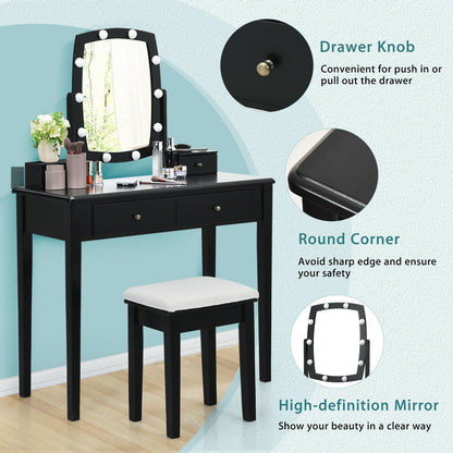 Vanity Table Set with Lighted Mirror for Bedroom and Dressing Room, Black Makeup Vanities   at Gallery Canada