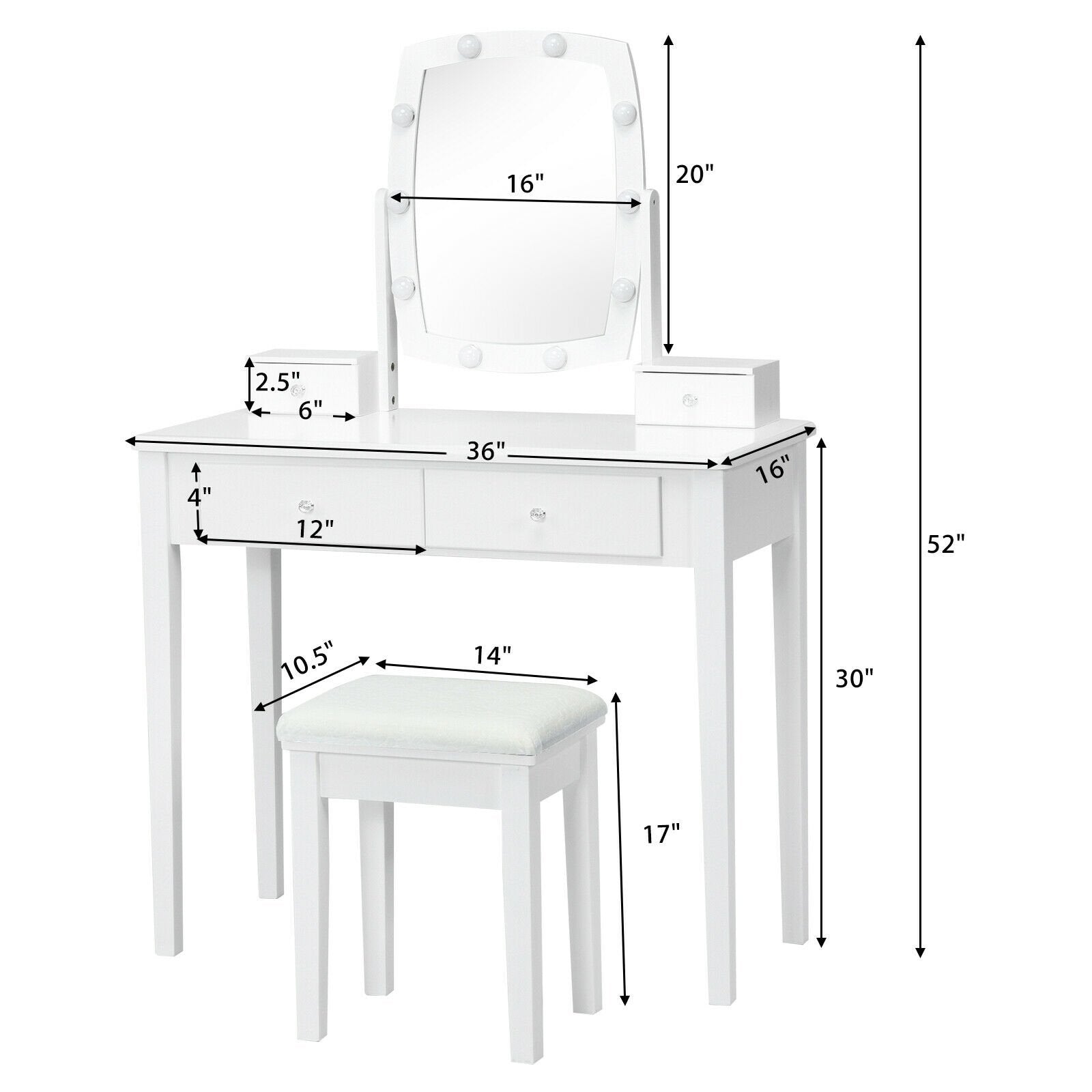 Vanity Table Set with Lighted Mirror for Bedroom and Dressing Room, White Makeup Vanities   at Gallery Canada