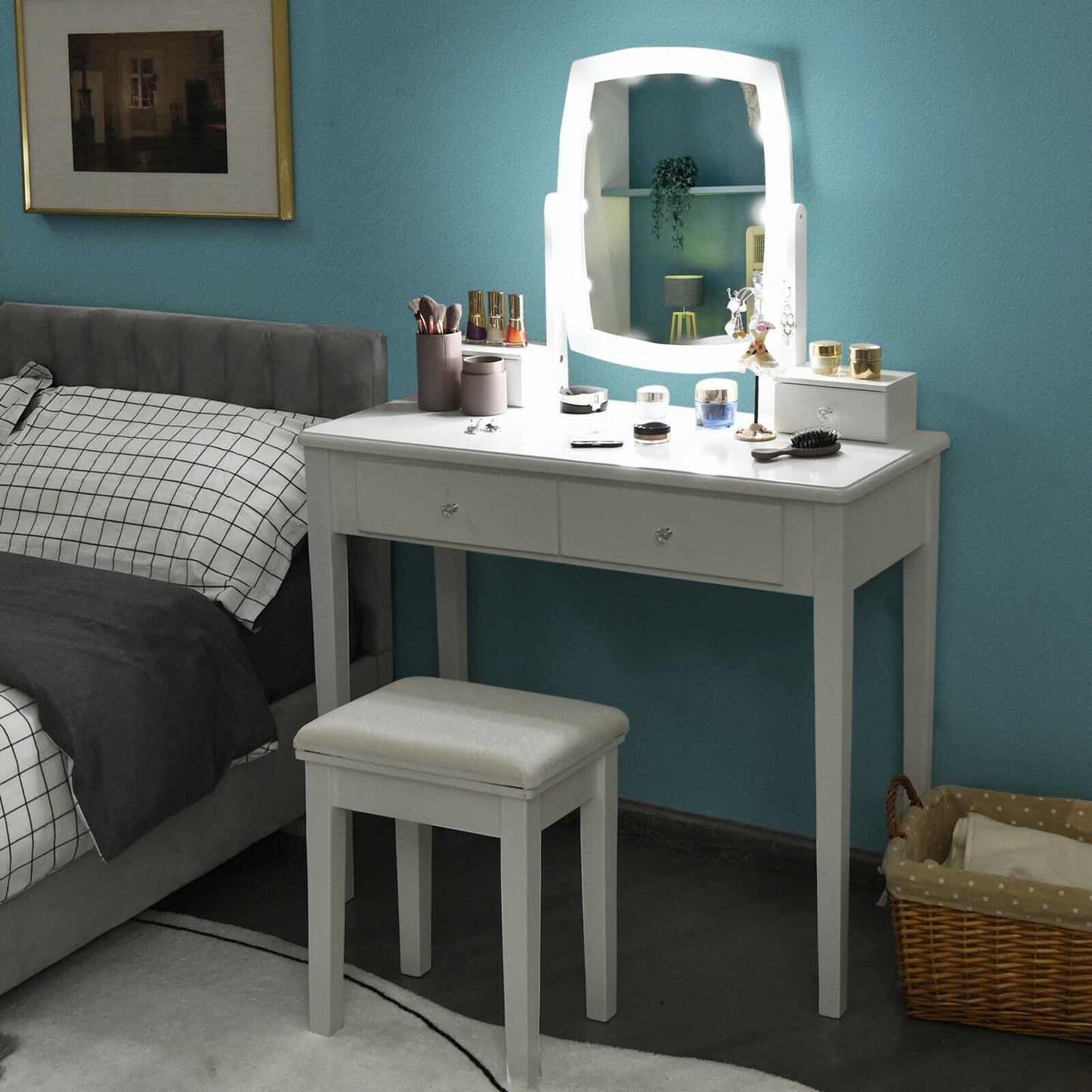 Vanity Table Set with Lighted Mirror for Bedroom and Dressing Room, White Makeup Vanities   at Gallery Canada