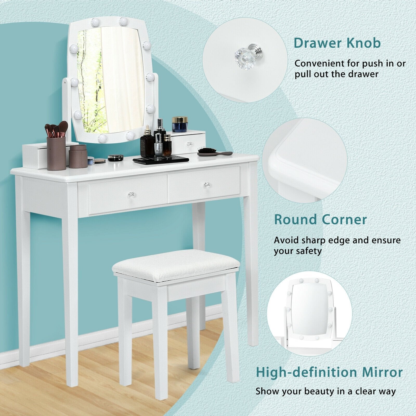 Vanity Table Set with Lighted Mirror for Bedroom and Dressing Room, White Makeup Vanities   at Gallery Canada