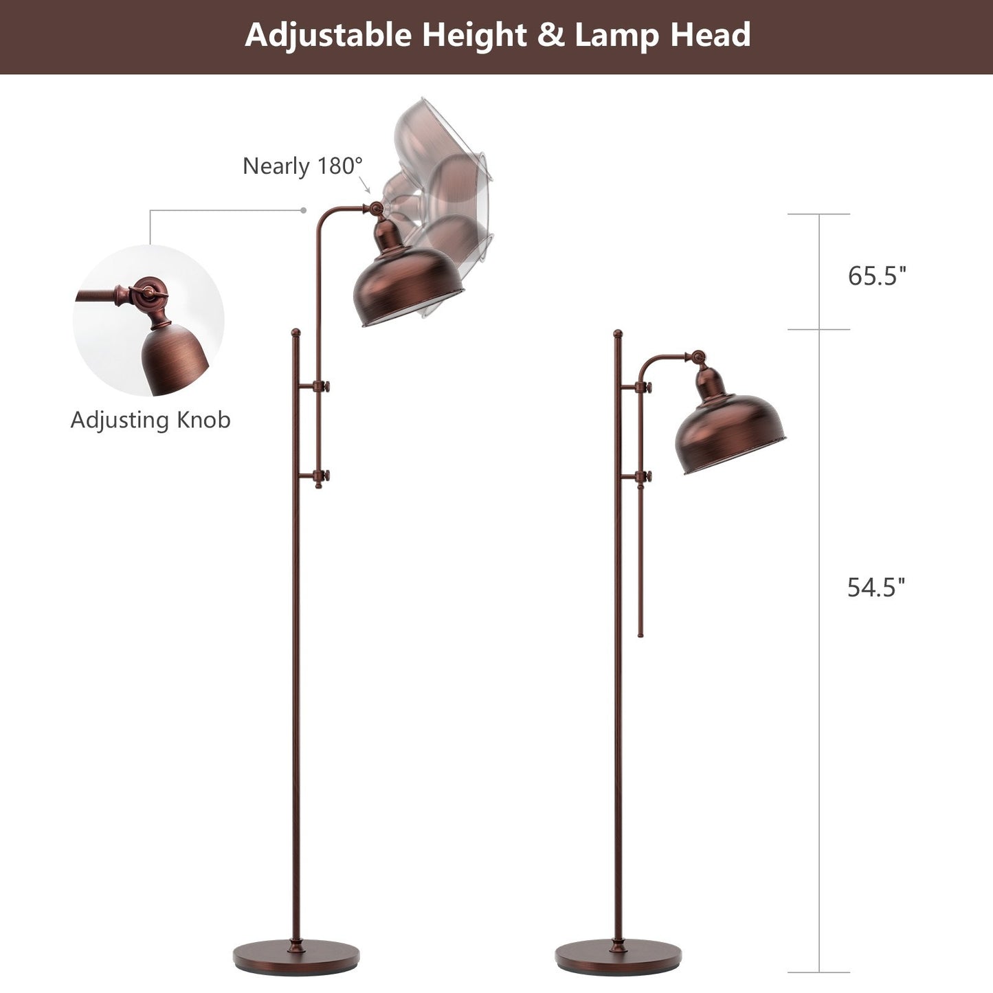 Industrial Floor Standing Pole Lamp with Adjustable Lamp Head, Black - Gallery Canada