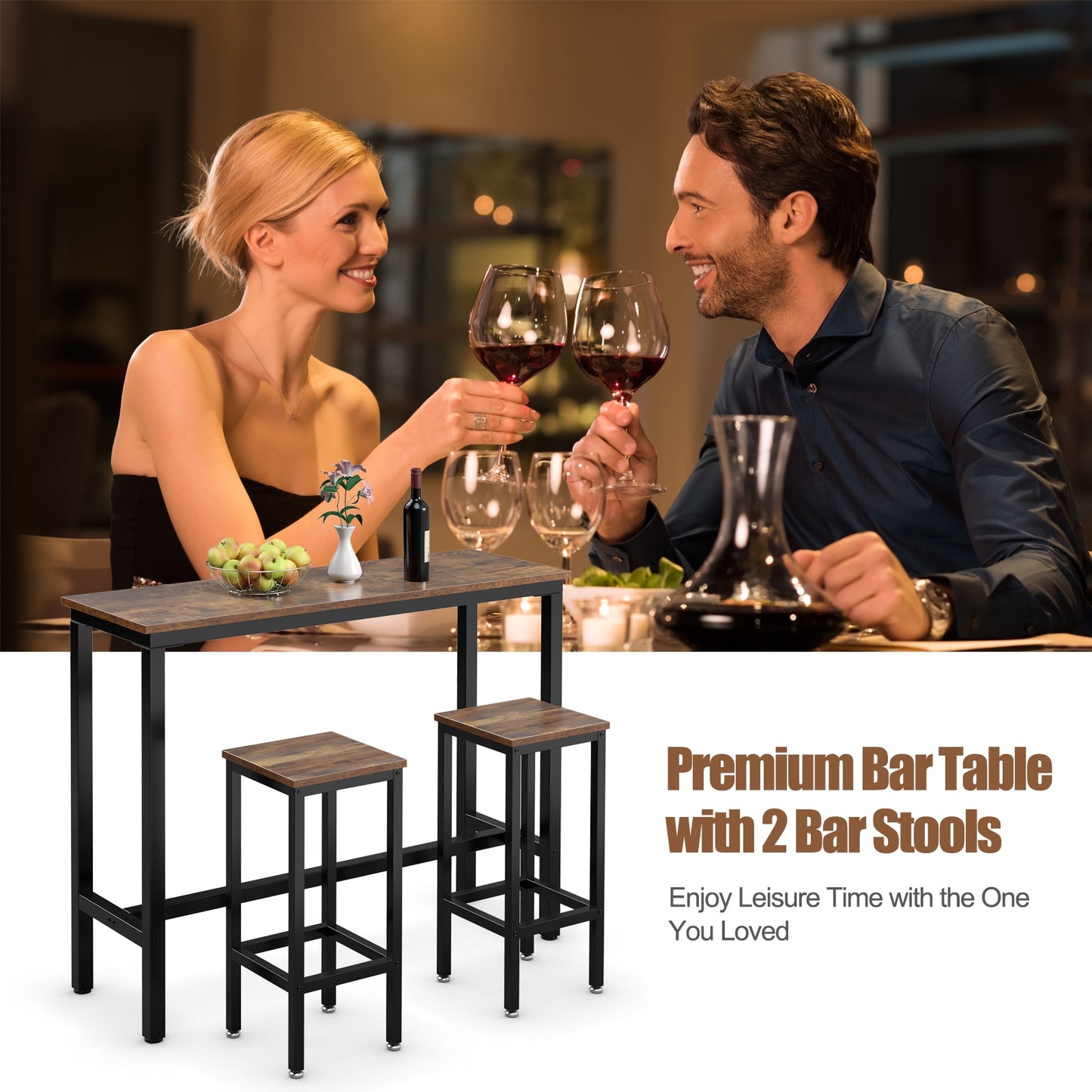 3 Pieces Bar Table Counter Breakfast Bar Dining Table with Stools, Brown - Gallery Canada