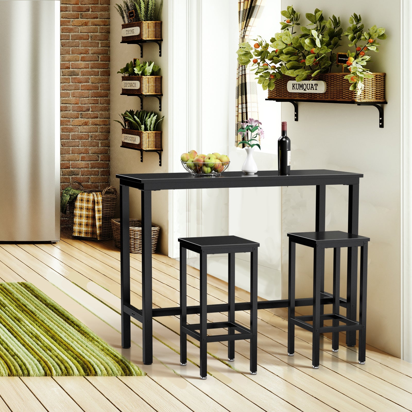 3 Pieces Bar Table Counter Breakfast Bar Dining Table with Stools, Black - Gallery Canada