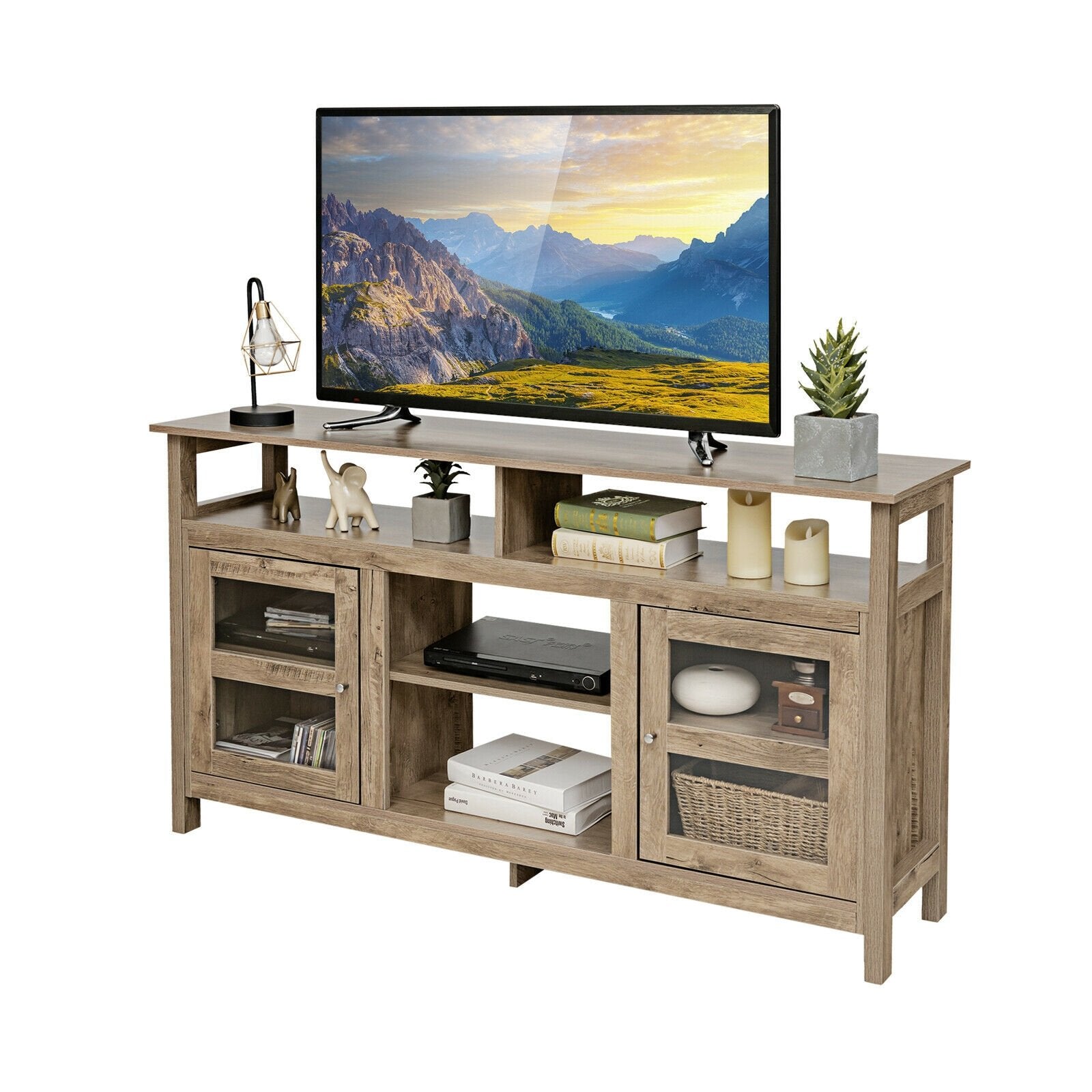 58 Inch TV Stand Entertainment Console Center with 2 Cabinets, Natural - Gallery Canada