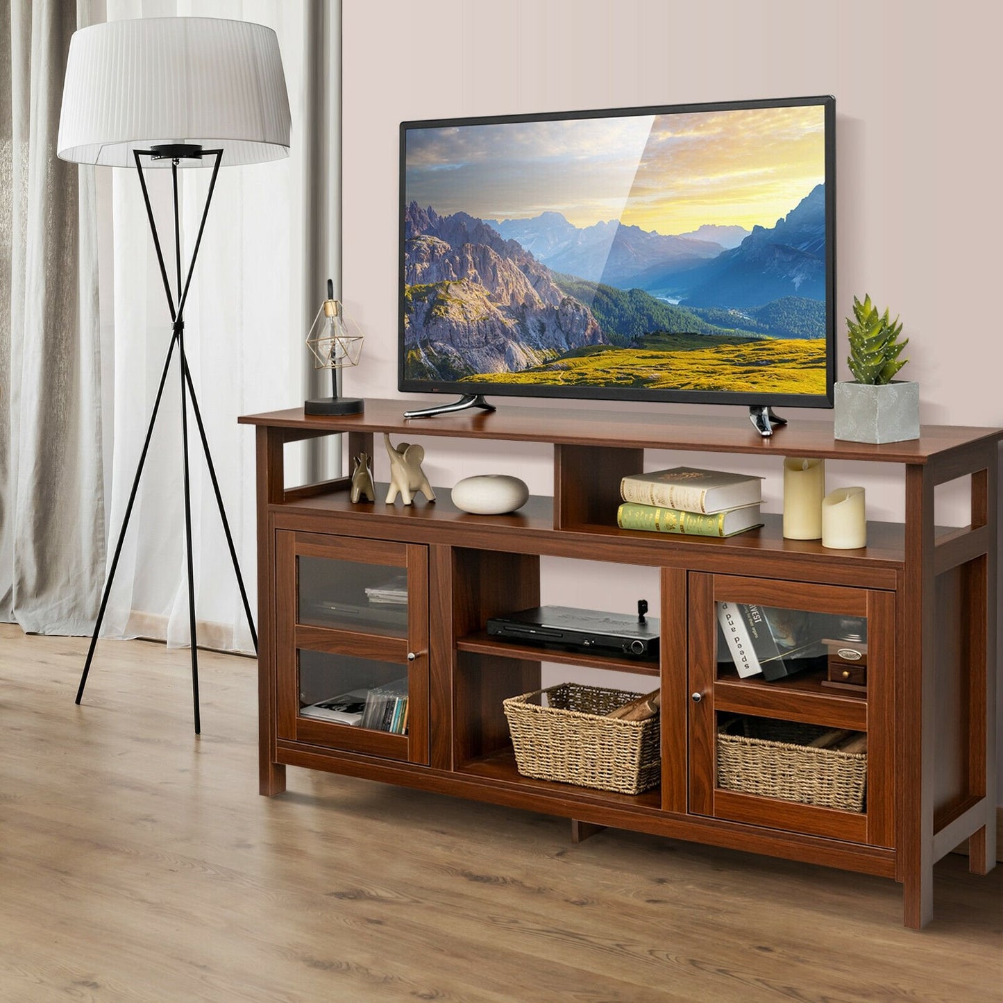 58 Inch TV Stand Entertainment Console Center with 2 Cabinets, Brown - Gallery Canada
