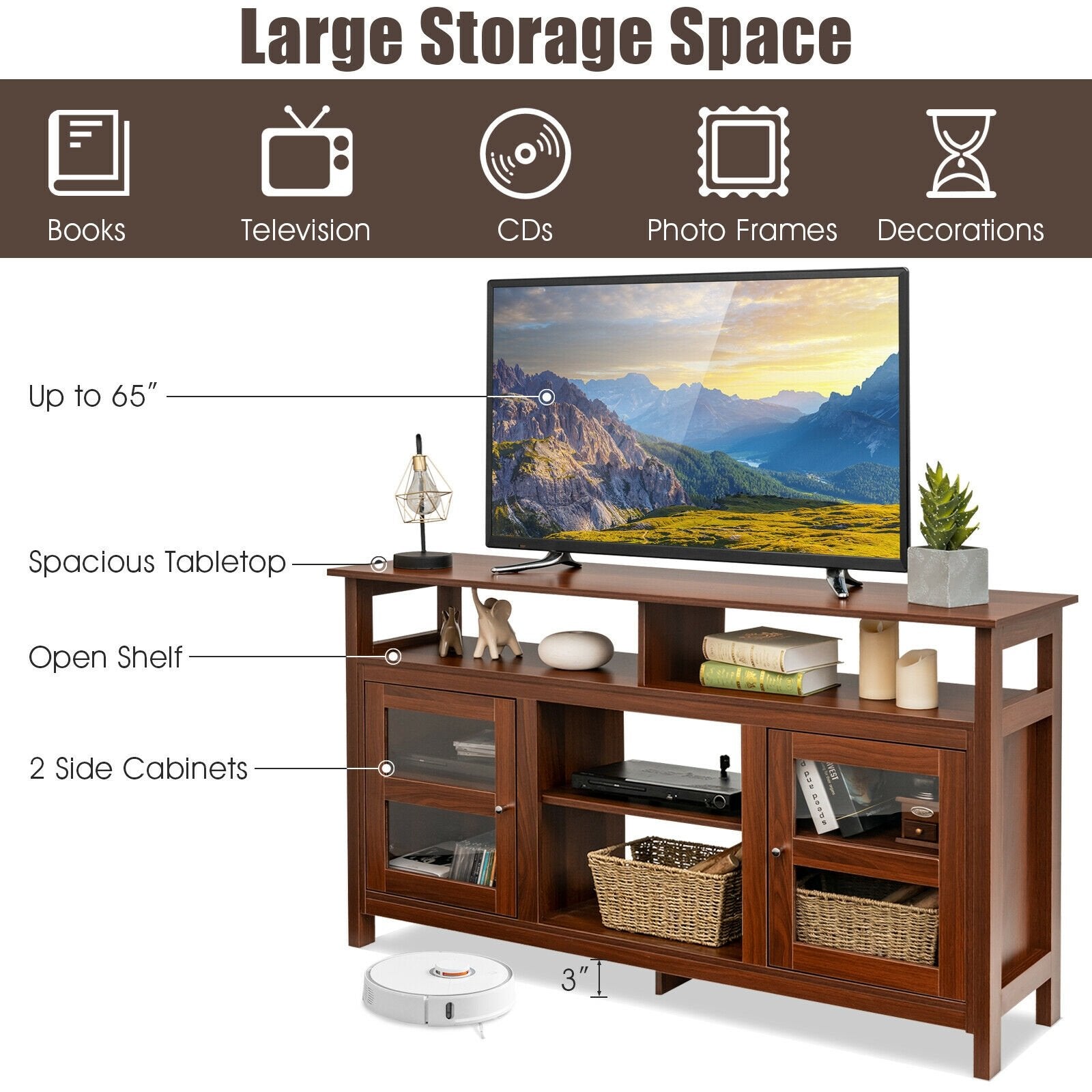 58 Inch TV Stand Entertainment Console Center with 2 Cabinets, Brown - Gallery Canada