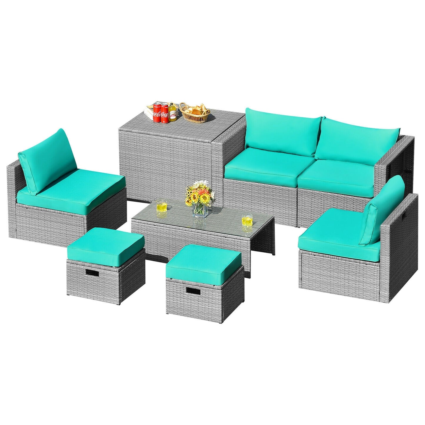 8 Pieces Patio Rattan Furniture Set with Storage Waterproof Cover and Cushion, Turquoise Outdoor Sectionals Turquoise  at Gallery Canada