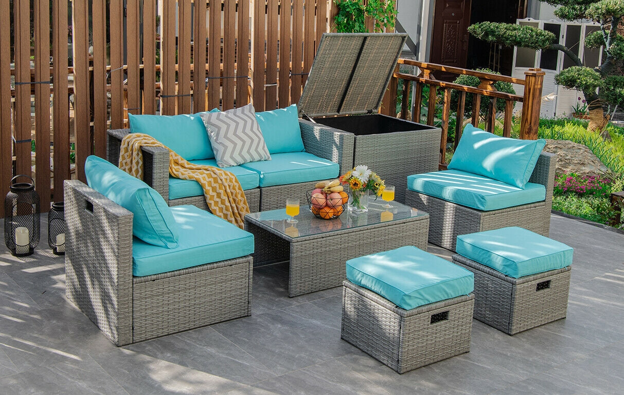 8 Pieces Patio Rattan Furniture Set with Storage Waterproof Cover and Cushion, Turquoise Outdoor Sectionals   at Gallery Canada